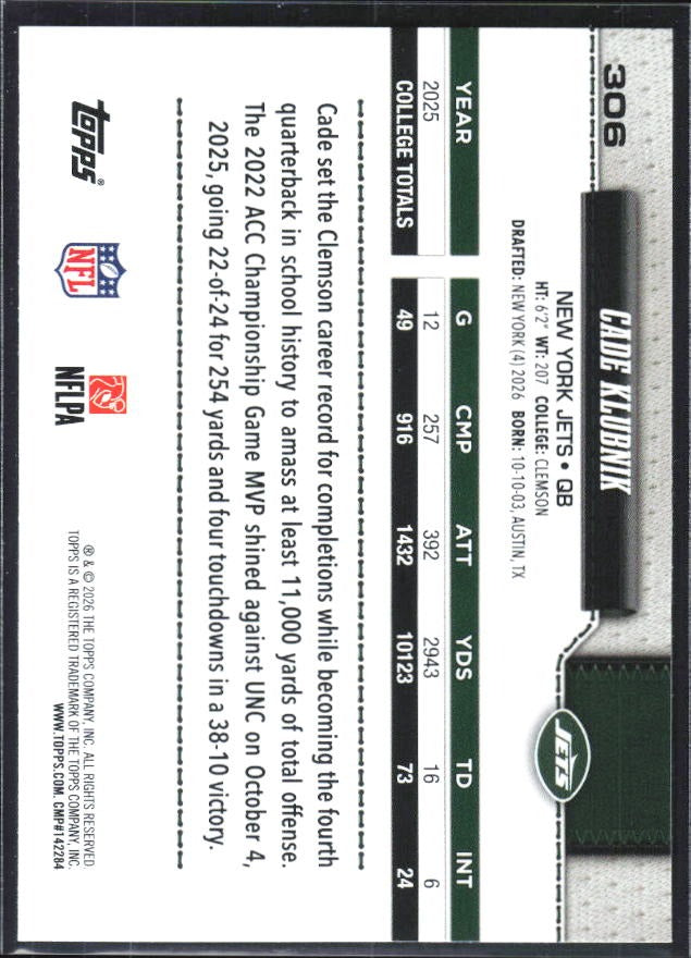 2026 Topps Flagship Football Cade Klubnik RC #306 – baksida