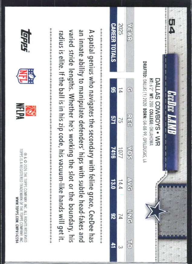 2026 Topps Flagship Football CeeDee Lamb #54 – baksida
