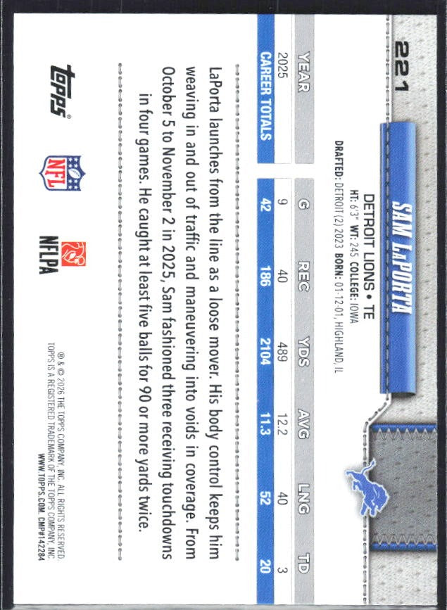 2026 Topps Flagship Football Sam LaPorta #221 – baksida