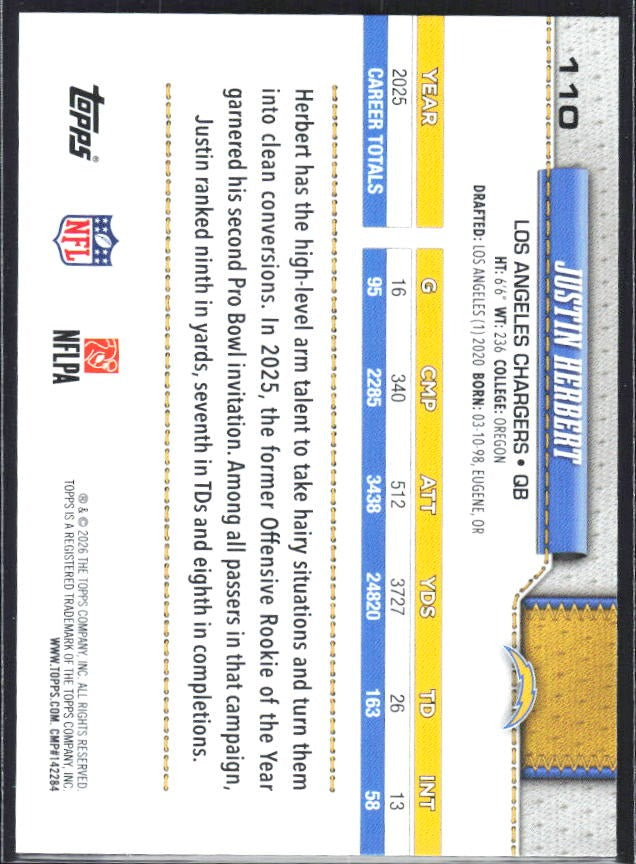 2026 Topps Flagship Football Justin Herbert #110 – baksida