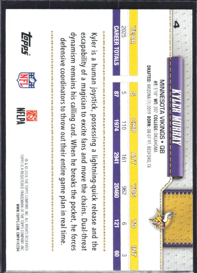 2026 Topps Flagship Football Kyler Murray #4 – baksida