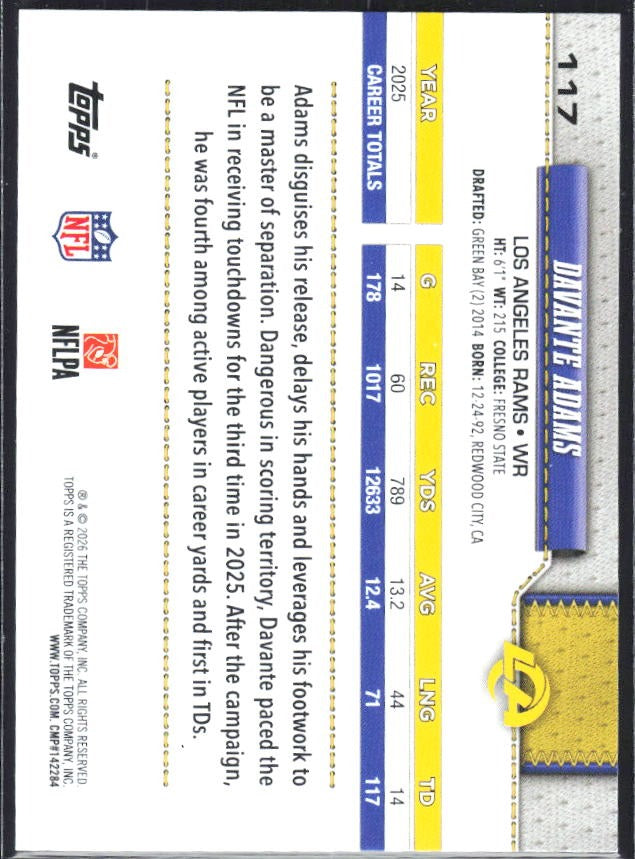 2026 Topps Flagship Football Davante Adams #117 – baksida