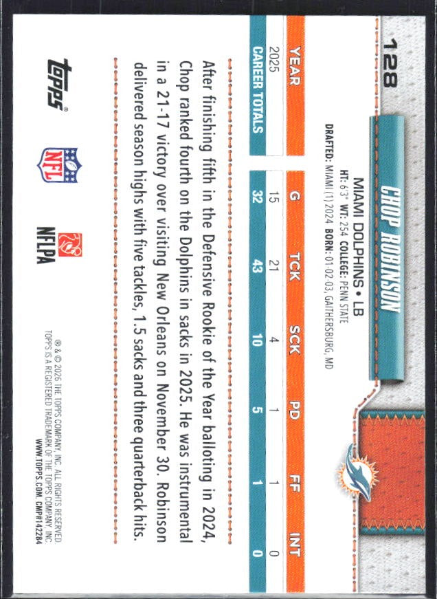 2026 Topps Flagship Football Chop Robinson #128 – baksida