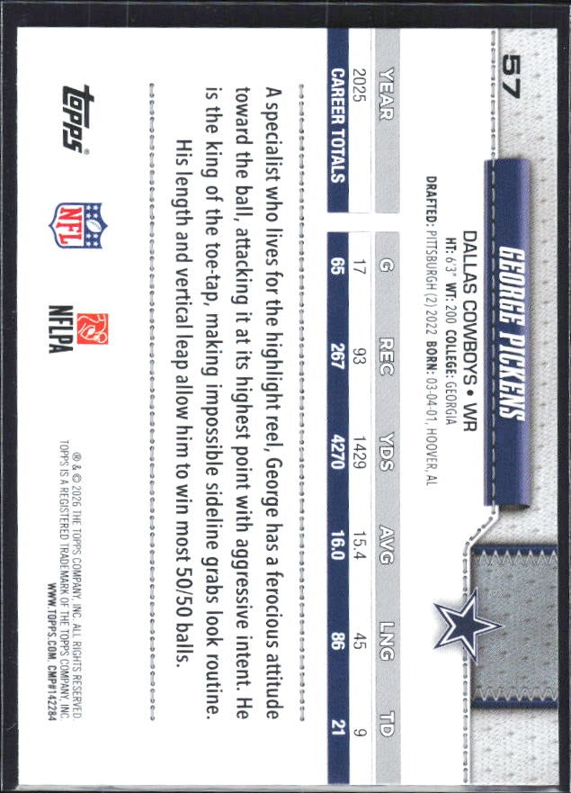 2026 Topps Flagship Football George Pickens #57 – baksida