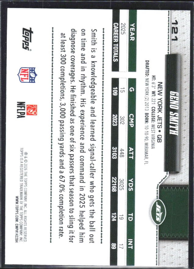 2026 Topps Flagship Football Geno Smith #121 – baksida
