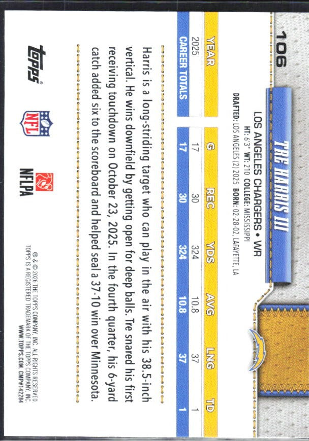 2026 Topps Flagship Football Tre Harris III #106 – baksida