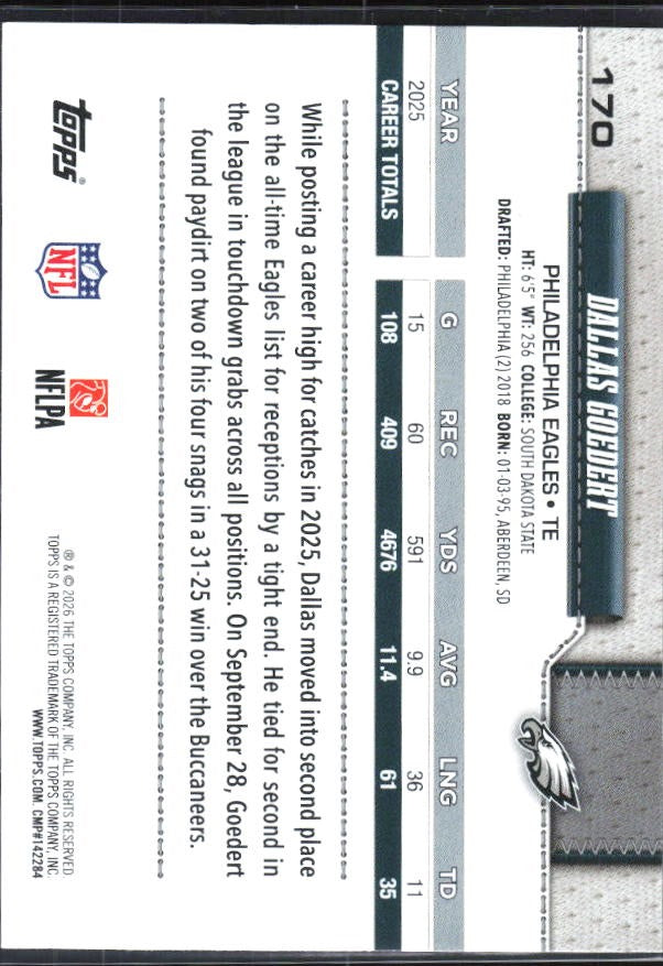 2026 Topps Flagship Football Dallas Goedert #170 – baksida