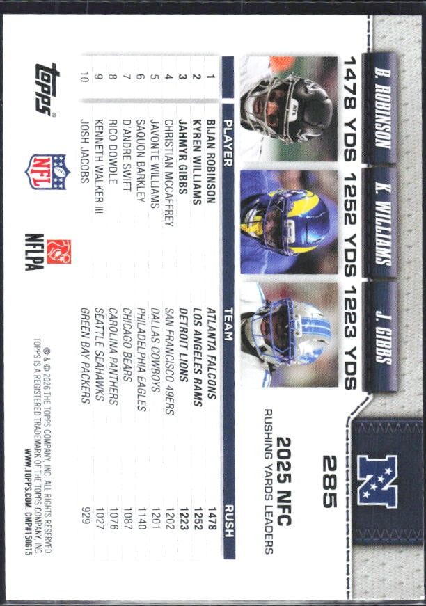 2026 Topps Flagship Football NFC Rushing Leaders (Bijan Robinson / Kyren Williams / Jahmyr Gibbs) #285 – baksida