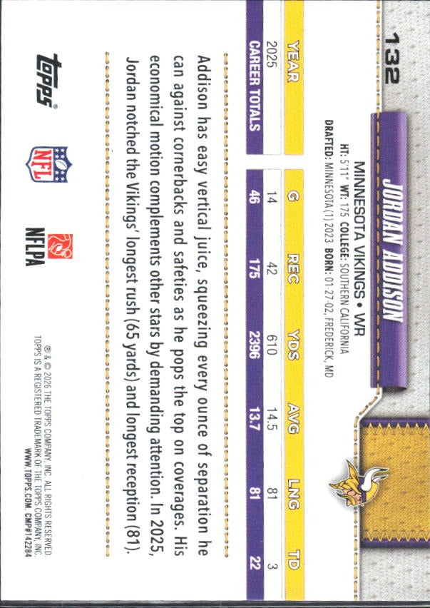2026 Topps Flagship Football Jordan Addison #132 – baksida