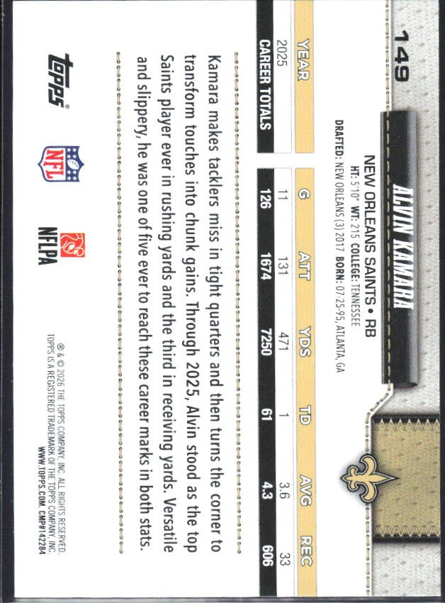 2026 Topps Flagship Football Alvin Kamara #149 – baksida