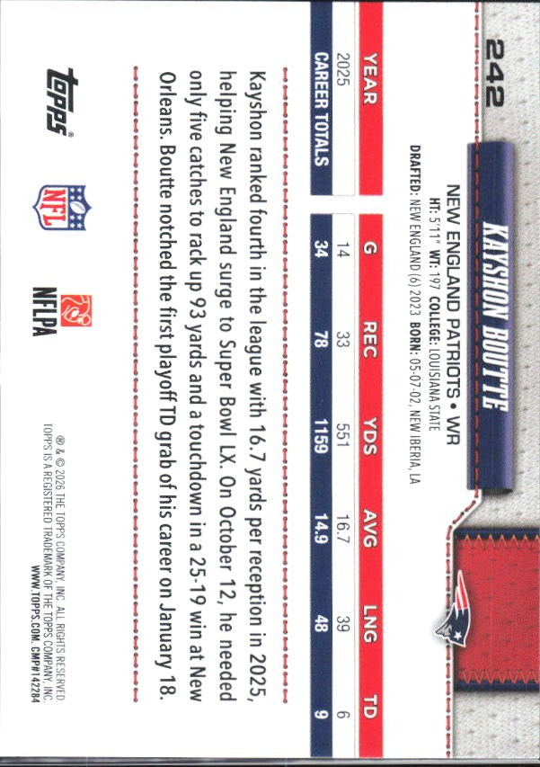 2026 Topps Flagship Football Kayshon Boutte #242 – baksida