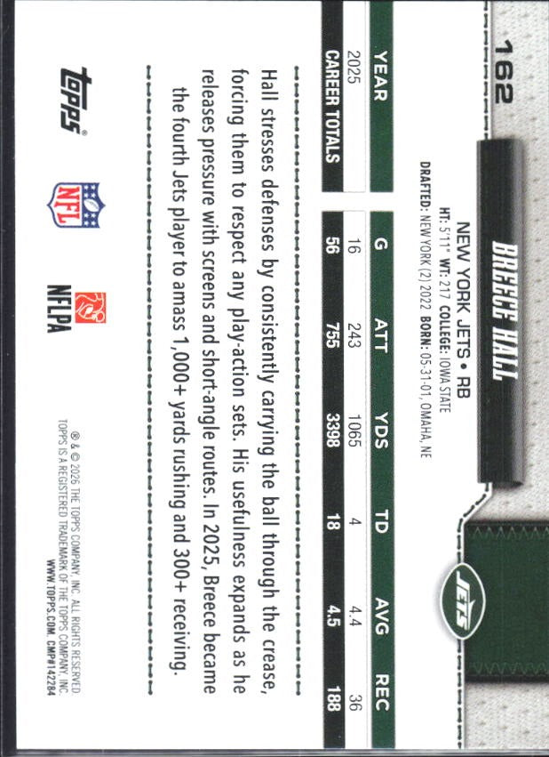 2026 Topps Flagship Football Breece Hall #162 – baksida