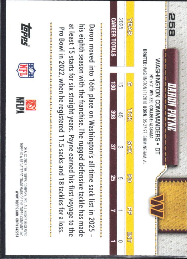 2026 Topps Flagship Football Daron Payne #258 – baksida