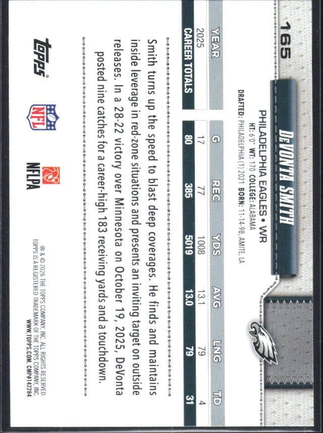 2026 Topps Flagship Football DeVonta Smith #165 – baksida