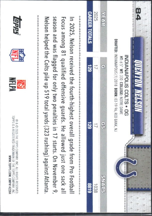 2026 Topps Flagship Football Quenton Nelson #84 – baksida