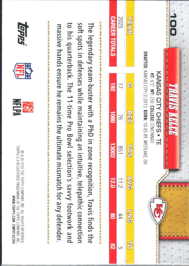 2026 Topps Flagship Football Travis Kelce #100 – baksida
