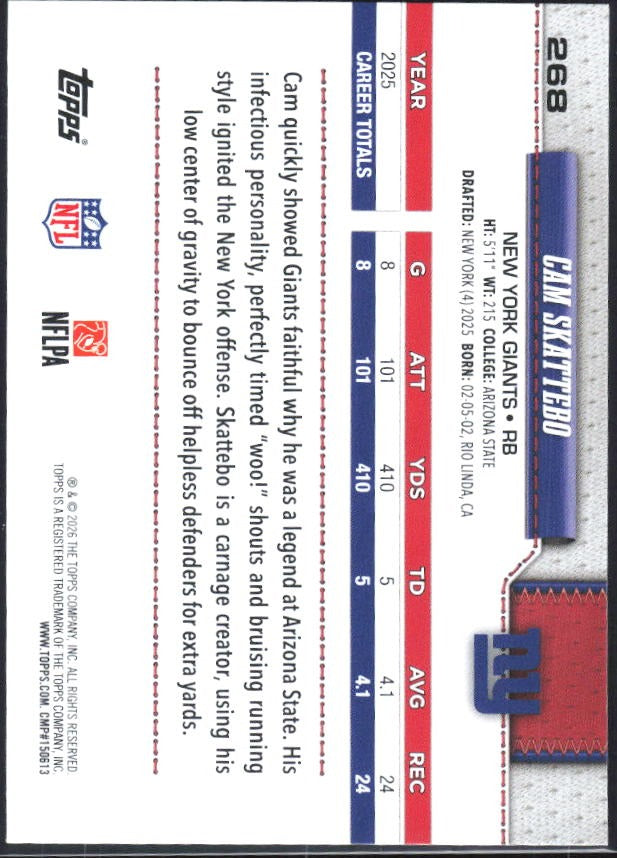 2026 Topps Flagship Football Cam Skattebo Future Stars #268 – baksida