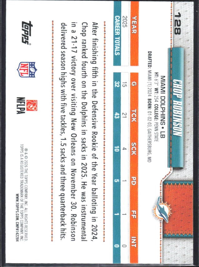 2026 Topps Flagship Football Chop Robinson #128 – baksida