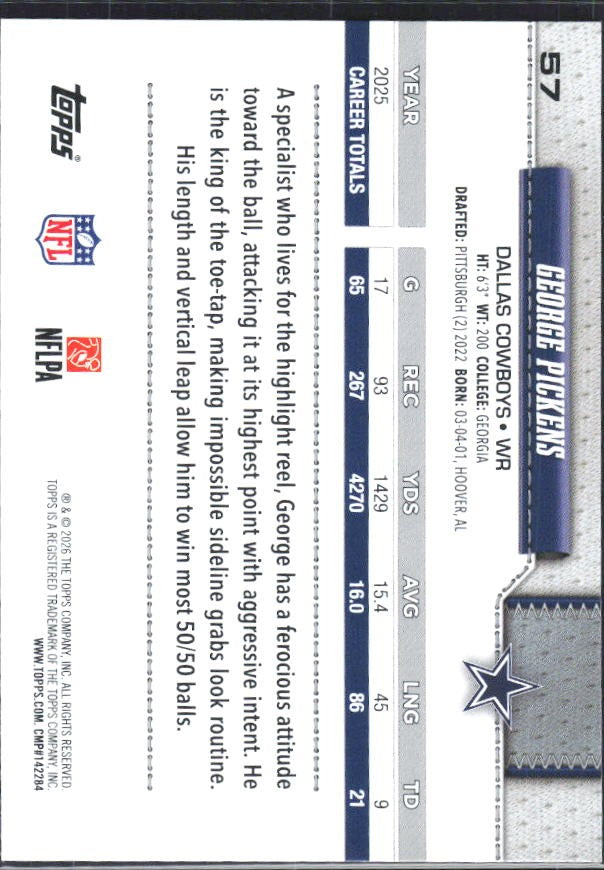 2026 Topps Flagship Football George Pickens #57 – baksida