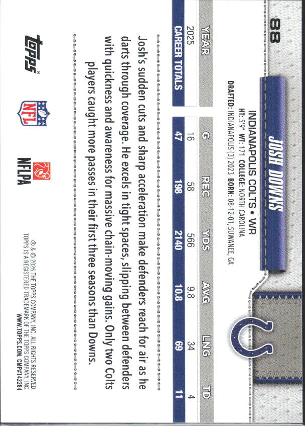 2026 Topps Flagship Football Josh Downs #88 – baksida