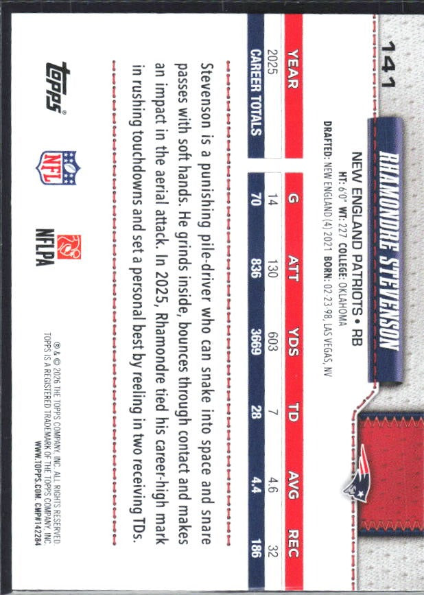 2026 Topps Flagship Football Rhamondre Stevenson #141 – baksida