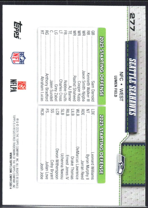 2026 Topps Flagship Football Seattle Seahawks #277 – baksida