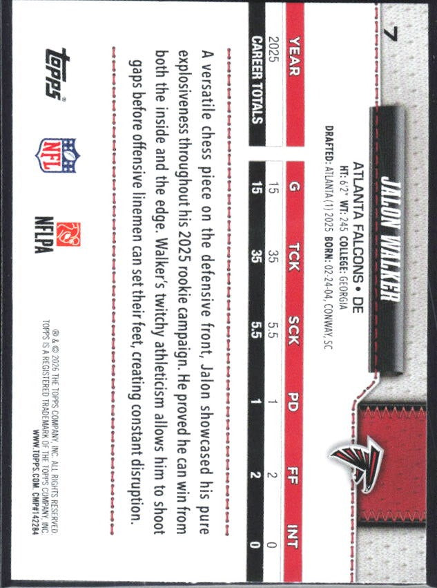 2026 Topps Flagship Football Jalon Walker #7 – baksida