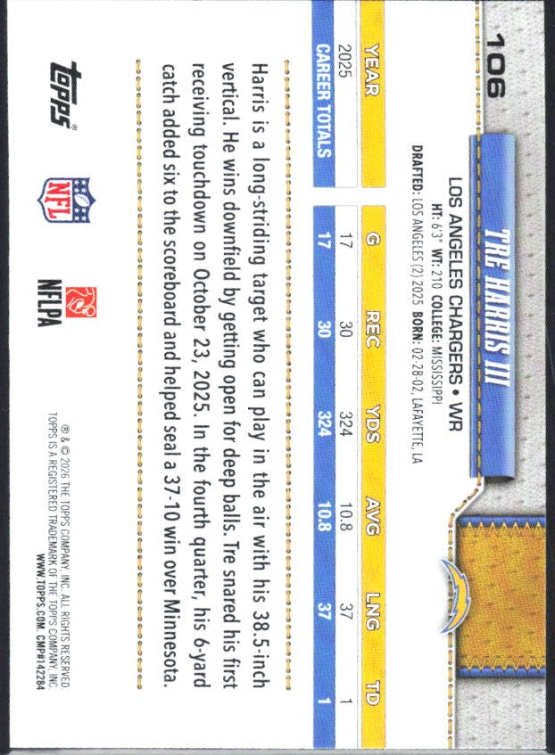 2026 Topps Flagship Football Tre Harris III #106 – baksida