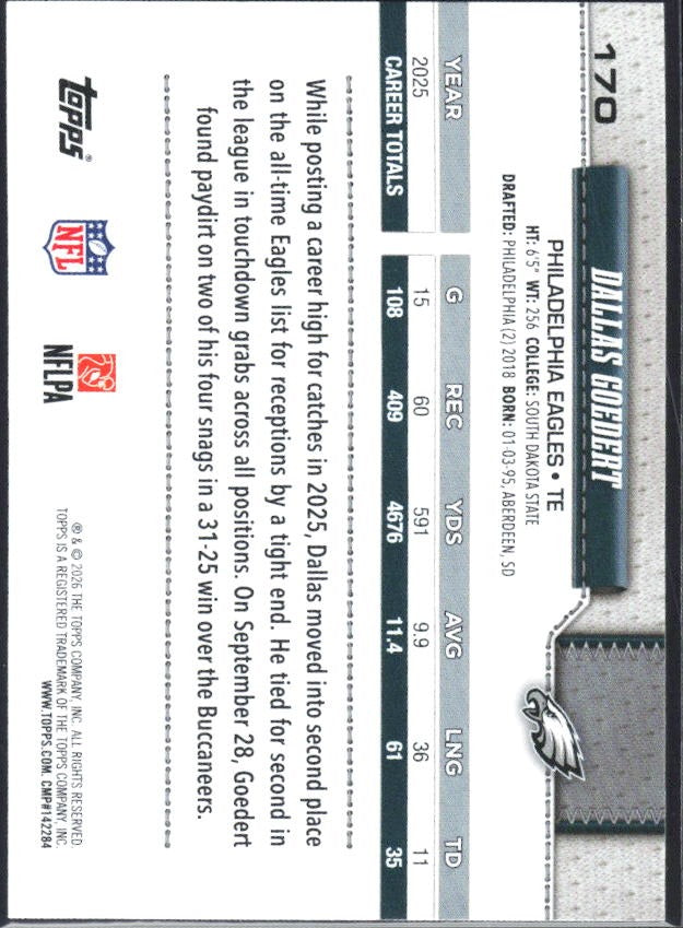 2026 Topps Flagship Football Dallas Goedert #170 – baksida