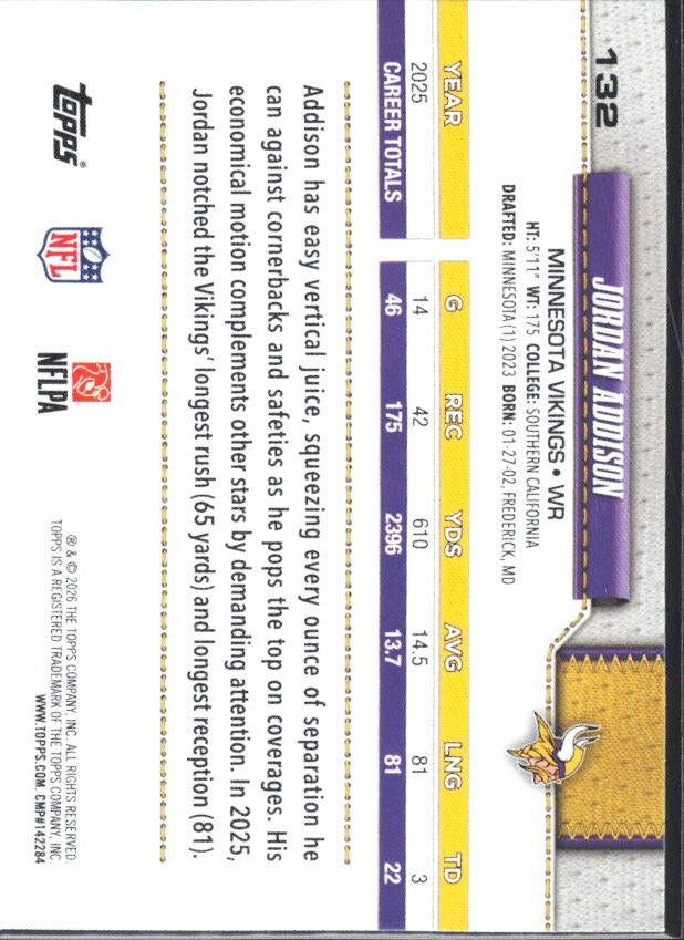 2026 Topps Flagship Football Jordan Addison #132 – baksida
