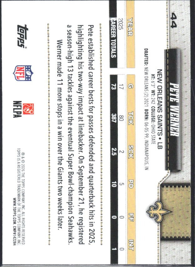 2026 Topps Flagship Football Pete Werner #44 – baksida