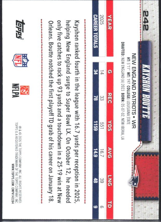2026 Topps Flagship Football Kayshon Boutte #242 – baksida