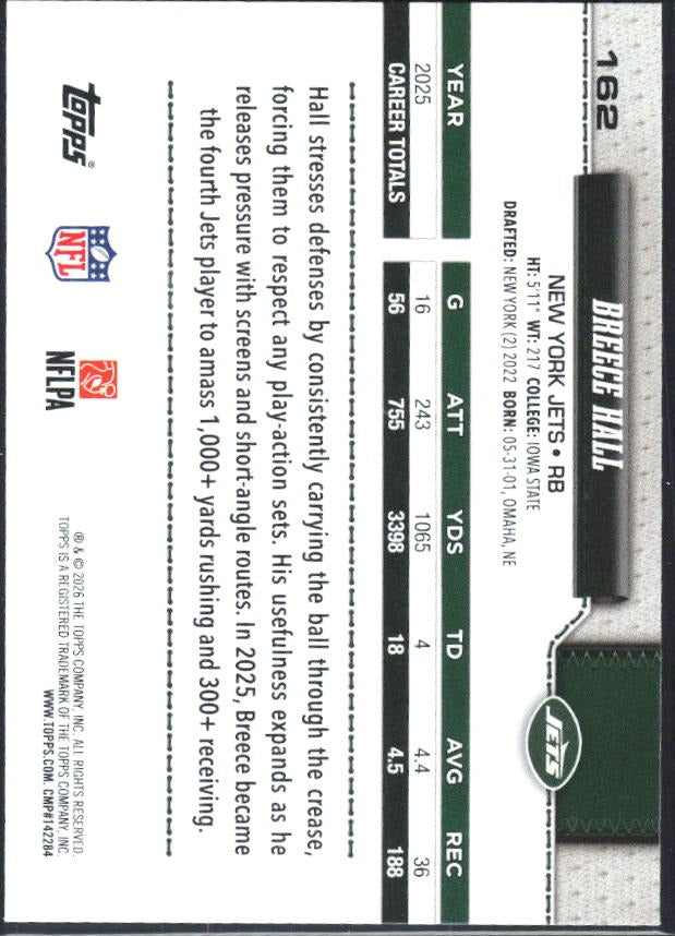 2026 Topps Flagship Football Breece Hall #162 – baksida