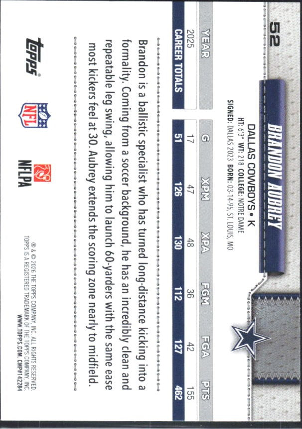 2026 Topps Flagship Football Brandon Aubrey #52 – baksida