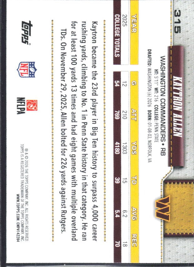 2026 Topps Flagship Football Kaytron Allen RC #315 – baksida