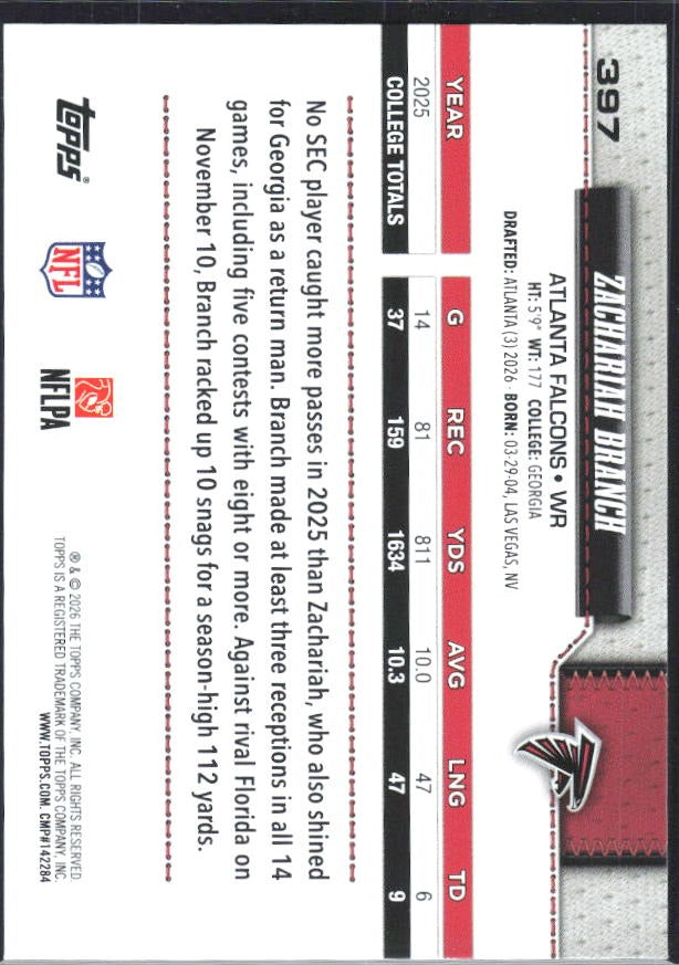 2026 Topps Flagship Football Zachariah Branch RC #397 – baksida
