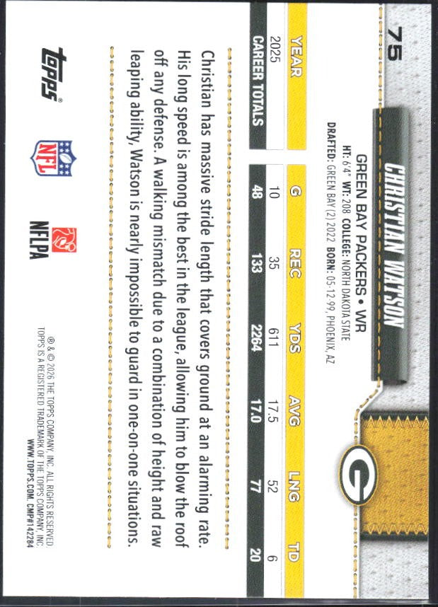 2026 Topps Flagship Football Christian Watson #75 – baksida
