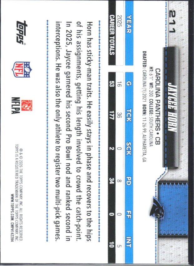 2026 Topps Flagship Football Jaycee Horn #211 – baksida