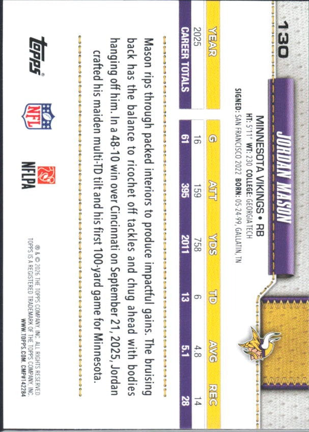 2026 Topps Flagship Football Jordan Mason #130 – baksida