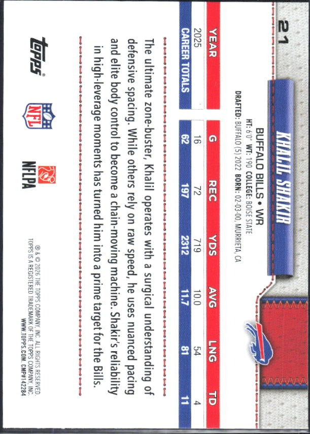 2026 Topps Flagship Football Khalil Shakir #21 – baksida
