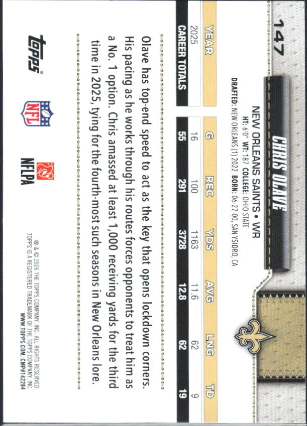 2026 Topps Flagship Football Chris Olave #147 – baksida
