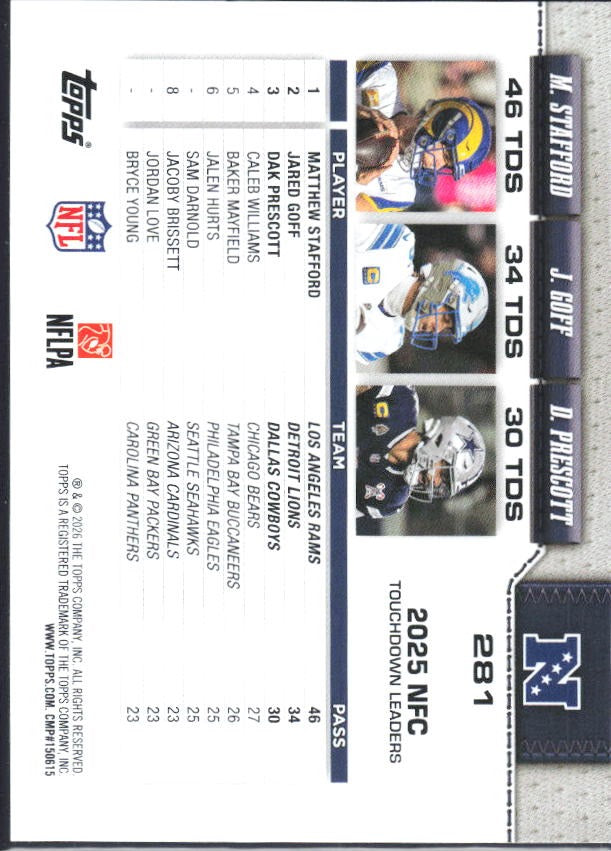 2026 Topps Flagship Football NFC Passing Leaders (Matthew Stafford / Dak Prescott / Jared Goff) #281 – baksida