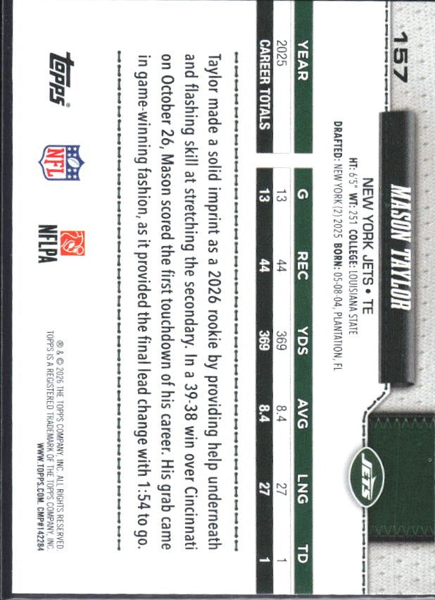 2026 Topps Flagship Football Mason Taylor #157 – baksida