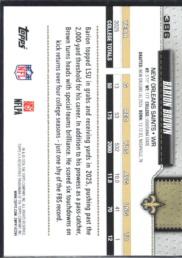 2026 Topps Flagship Football Barion Brown RC #386 – baksida