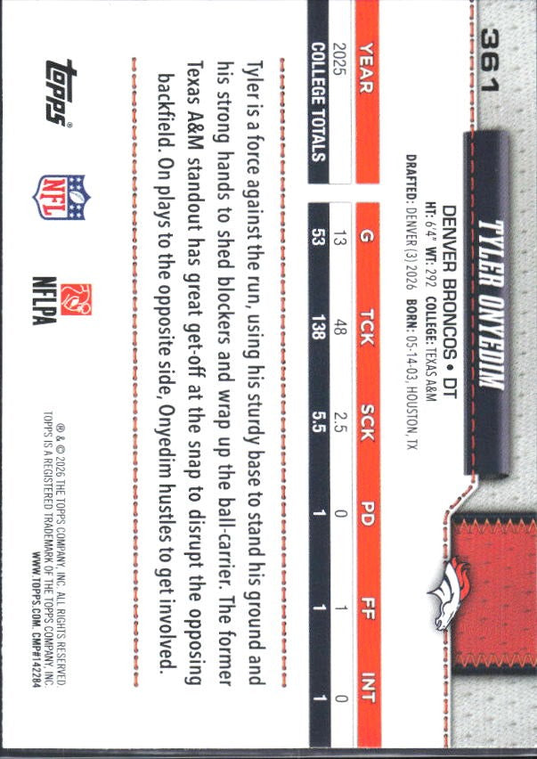 2026 Topps Flagship Football Tyler Onyedim RC #361 – baksida