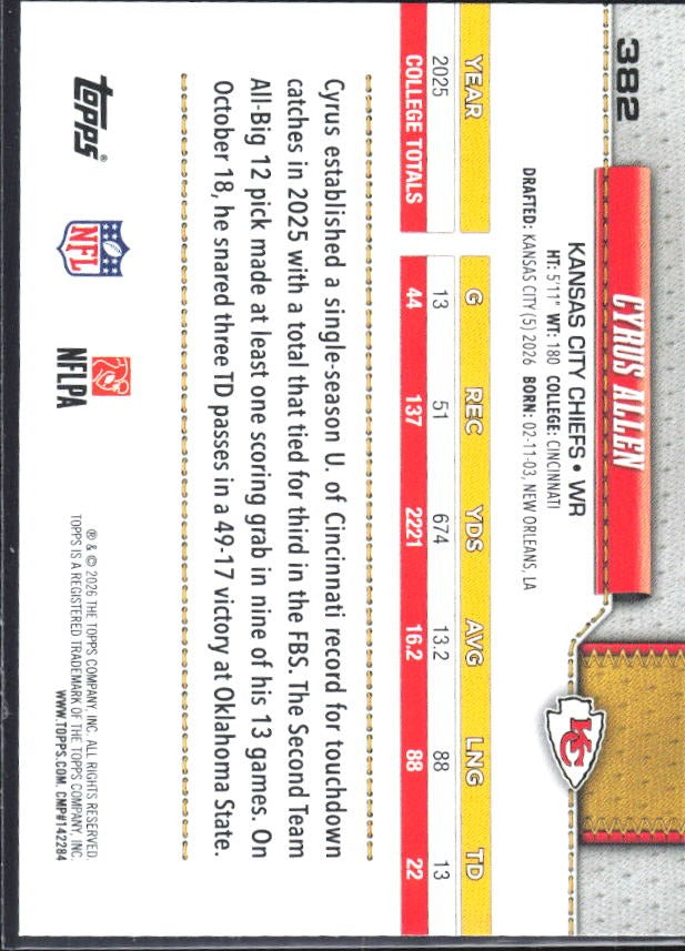 2026 Topps Flagship Football Cyrus Allen RC #382 – baksida