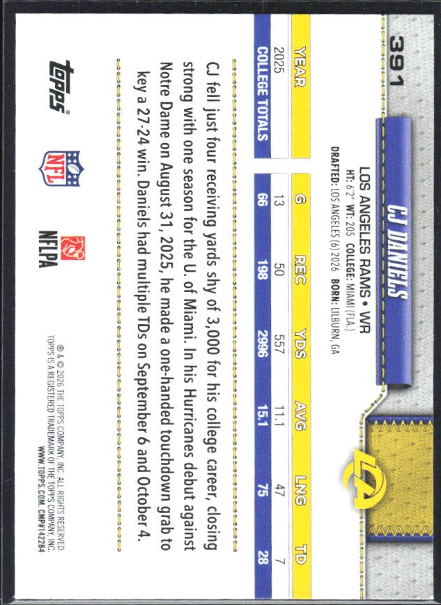 2026 Topps Flagship Football CJ Daniels RC #391 – baksida