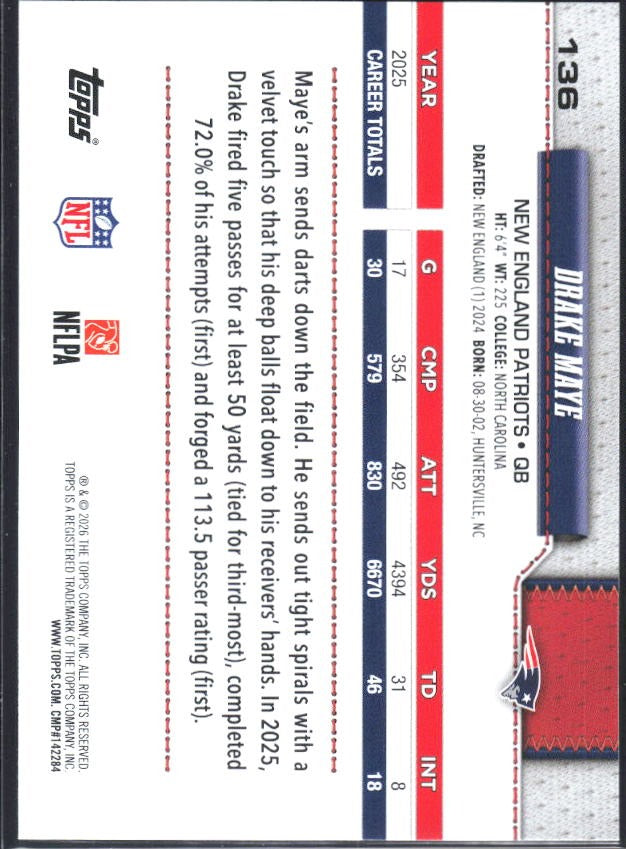 2026 Topps Flagship Football Drake Maye #136 – baksida