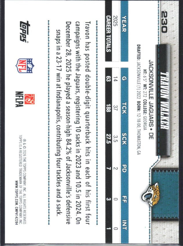 2026 Topps Flagship Football Travon Walker #230 – baksida