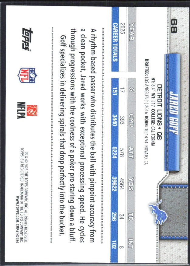 2026 Topps Flagship Football Jared Goff #68 – baksida